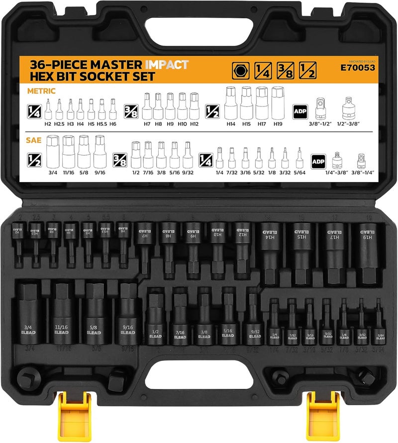 ELEAD Hex Bit Impact Socket Set: 36-Piece with 4 Adapters, 1/4", 3/8", 1/2"Drive Master Allen Socket Set, Cr-V Steel, SAE and Metric, H5-H19 & 3/4"-5/64", Reinforced Storage Case, Automotive Mechanic - Image 1